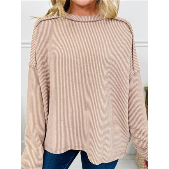 Twist Ribbed Exposed Seam Detail Long Sleeve Loose Top - Picture 5 of 7
